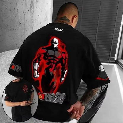 Black oversized soft cotton t-shirt with bold red and black jiren graphic and dragon ball z logo short sleeve design
