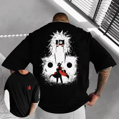 Black oversized anime graphic t-shirt made of soft cotton featuring a bold white and red spiky-haired character design