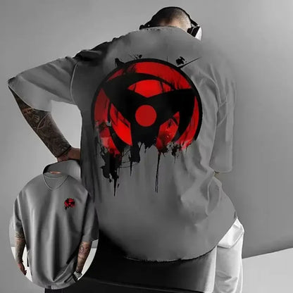 Gray soft cotton oversized short sleeve t-shirt showing bold red and black splattered sharingan eye design on back