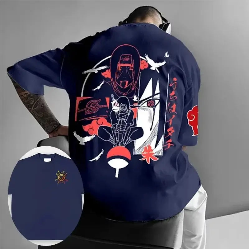 Navy blue anime graphic oversized t-shirt made of soft cotton with short sleeves and detailed red cloud print on back