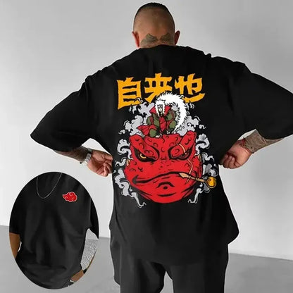 Image of the back side of a black oversized anime graphic t-shirt in soft cotton with a red and yellow akatsuki symbol and japanese characters