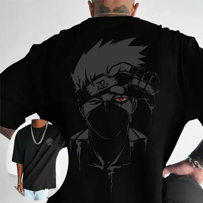 Black oversized anime graphic t-shirt with stylized kakashi hatake illustration made of soft cotton short sleeve