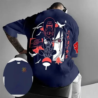 Dark blue oversized cotton short sleeve anime graphic t-shirt showing detailed red and white character on back and chest emblem