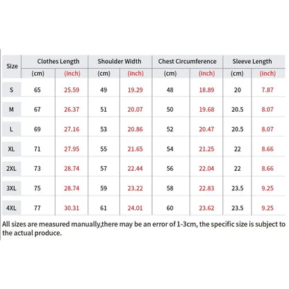 Size chart for anime graphic oversized t shirt in soft cotton with measurements in cm and inches from s to 4xl