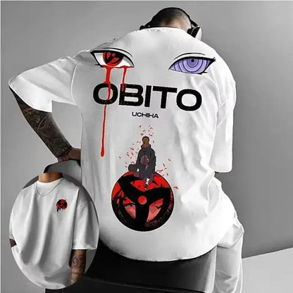 White obito uchiha graphic tee in soft cotton features bold black text red purple eyes blood drips and sharingan design
