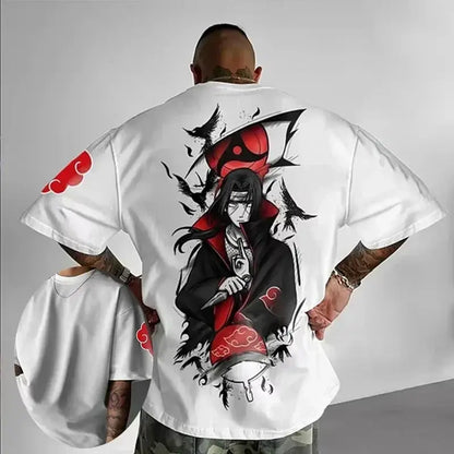 White soft cotton anime graphic oversized t-shirt with itachi uchiha design and red cloud sleeves showing back side