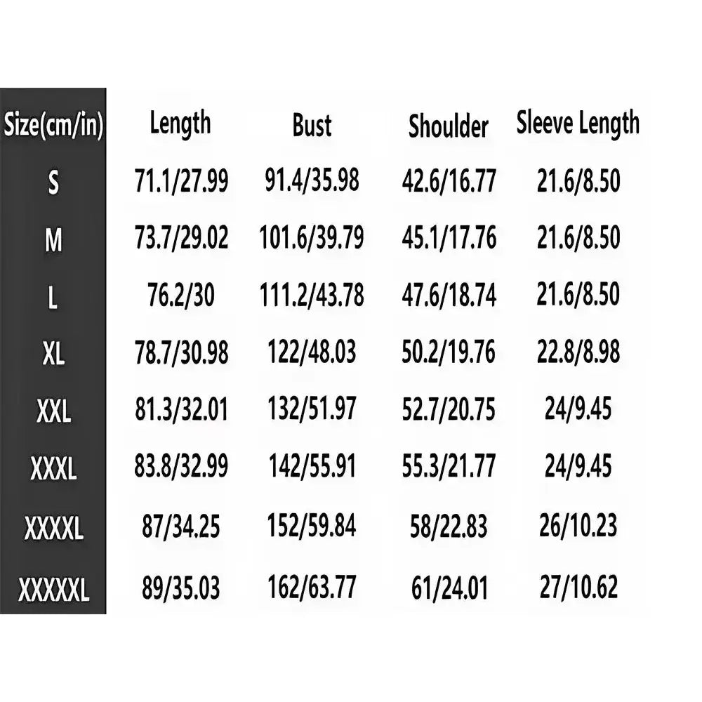 Size chart for anime graphic y2k cotton tee showing measurements in cm and inches from s to xxxxxl sizes