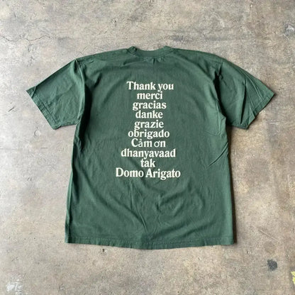 Dark green y2k cotton anime graphic t-shirt with vertical white multilingual thank-you text print