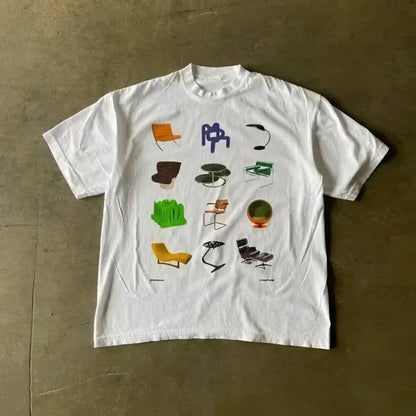 White cotton y2k t-shirt with colorful graphic print of mid-century modern furniture designs
