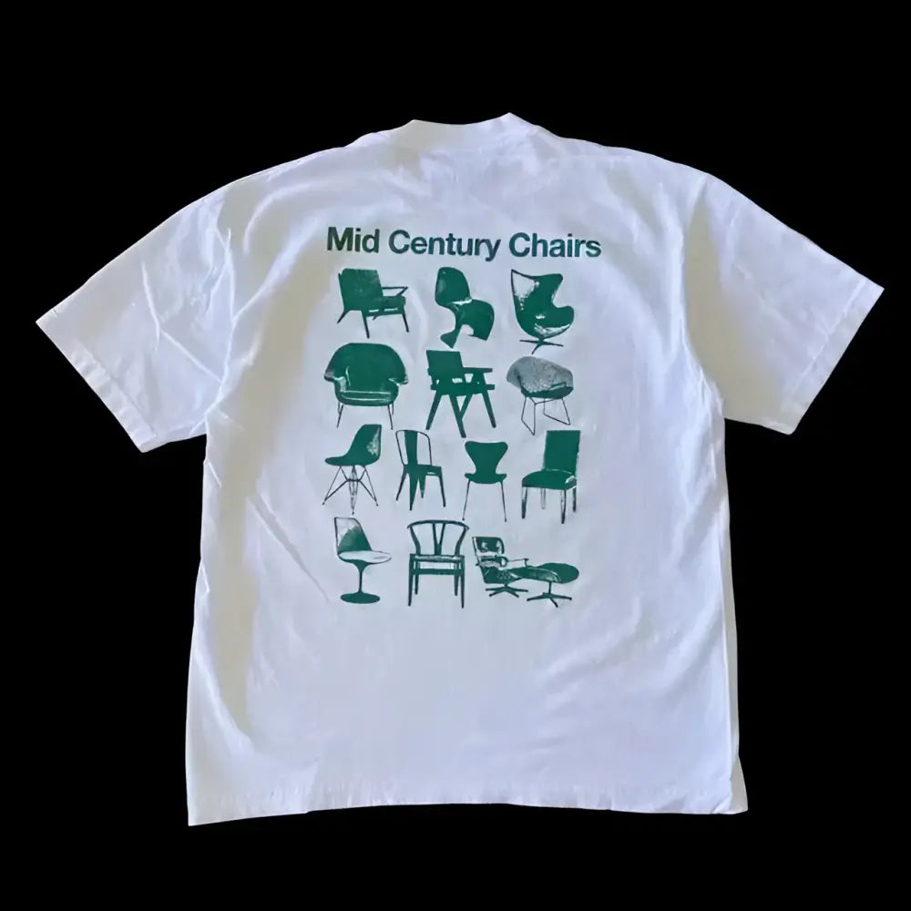 White y2k cotton anime graphic t-shirt with green mid-century chair designs for casual harajuku style