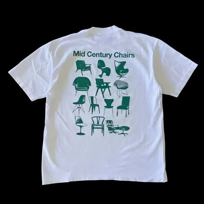 White y2k cotton anime graphic t-shirt with green mid-century chair designs for casual harajuku style