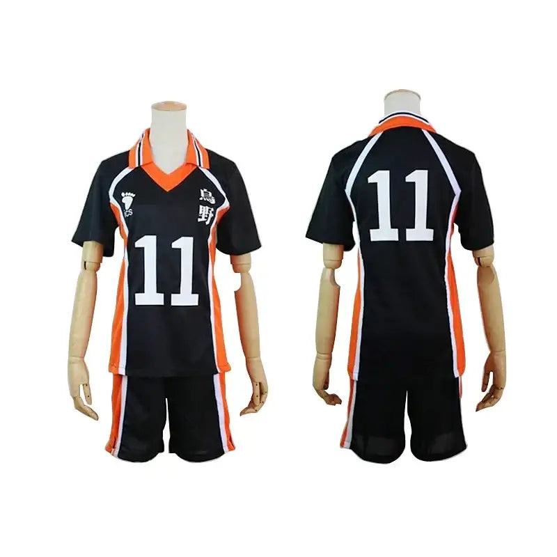 Black and orange high school nekoma high volleyball jersey with white number 11 and 乌野 text on mannequin display