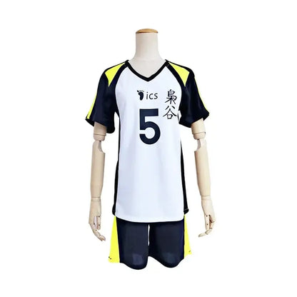 White and black volleyball jersey with neon yellow accents number 5 and kuroo japanese characters for nekoma high school cosplay