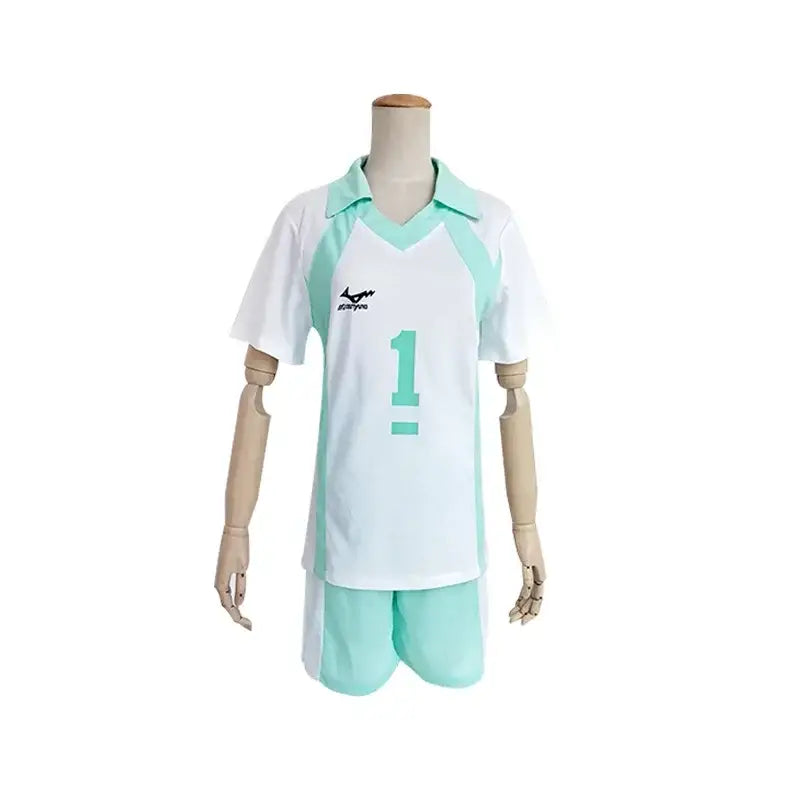 White and mint green v-neck short sleeve volleyball jersey with number one for nekoma high school cosplay uniform