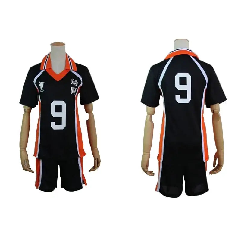 Black volleyball jersey with orange and white trim number 9 and ueno kanji on the chest from nekoma high school cosplay
