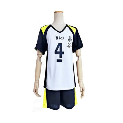 White and navy blue volleyball jersey with yellow accents number 4 and ics logo for nekoma high school cosplay