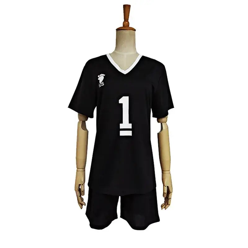 Black volleyball jersey with white v-neck trim number 1 and chest logo for nekoma high school cosplay uniform