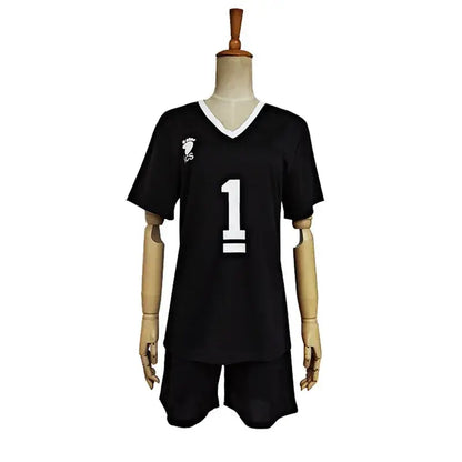 Black volleyball jersey with white v-neck trim number 1 and chest logo for nekoma high school cosplay uniform