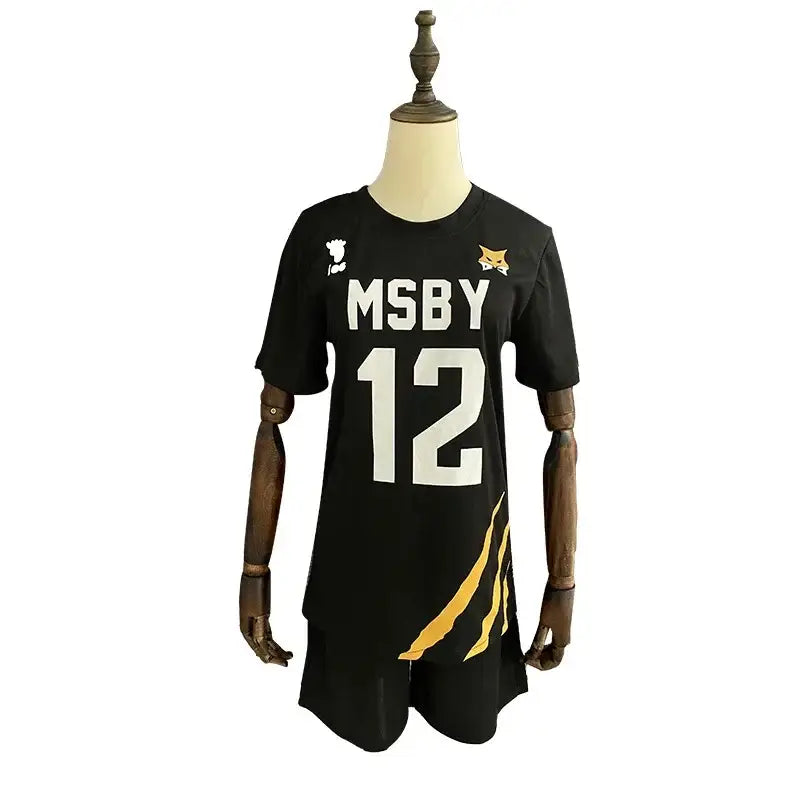 Black short-sleeved volleyball jersey with white msby 12 lettering gold tiger stripe and fox logo for nekoma high school cosplay
