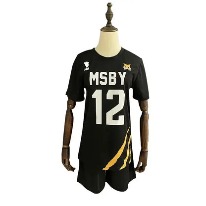 Black short-sleeved volleyball jersey with white msby 12 lettering gold tiger stripe and fox logo for nekoma high school cosplay