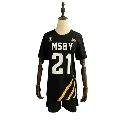 Black short-sleeved volleyball jersey with white msby 21 lettering gold tiger stripes and fox logo for nekoma high school
