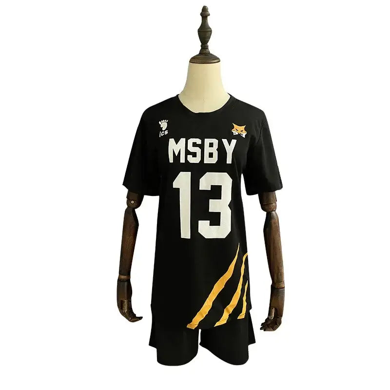 Black volleyball jersey with white msby 13 lettering gold tiger stripe and fox logo for nekoma high school cosplay