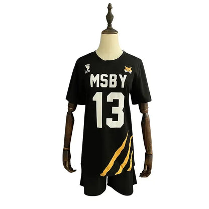 Black volleyball jersey with white msby 13 lettering gold tiger stripe and fox logo for nekoma high school cosplay