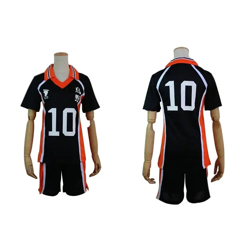 Black volleyball jersey and shorts set with orange and white trim featuring number 10 for nekoma high school cosplay