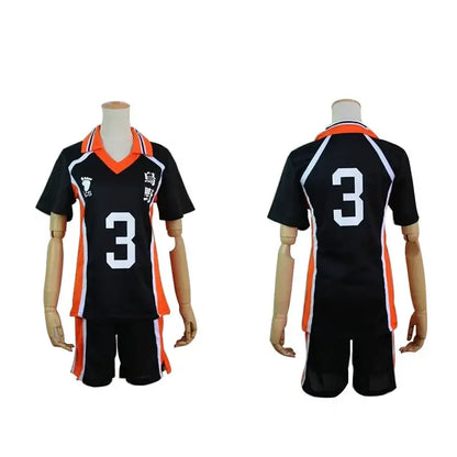 Black volleyball jersey and shorts set with orange trim and white number 3 for nekoma high school cosplay uniform