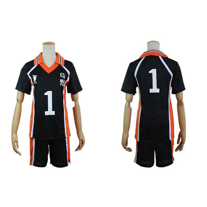 Black volleyball jersey and shorts set with orange white accents and number 1 for nekoma high school cosplay