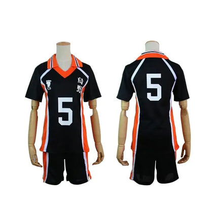 Black volleyball jersey and shorts set with orange and white trim featuring number 5 for nekoma high school cosplay