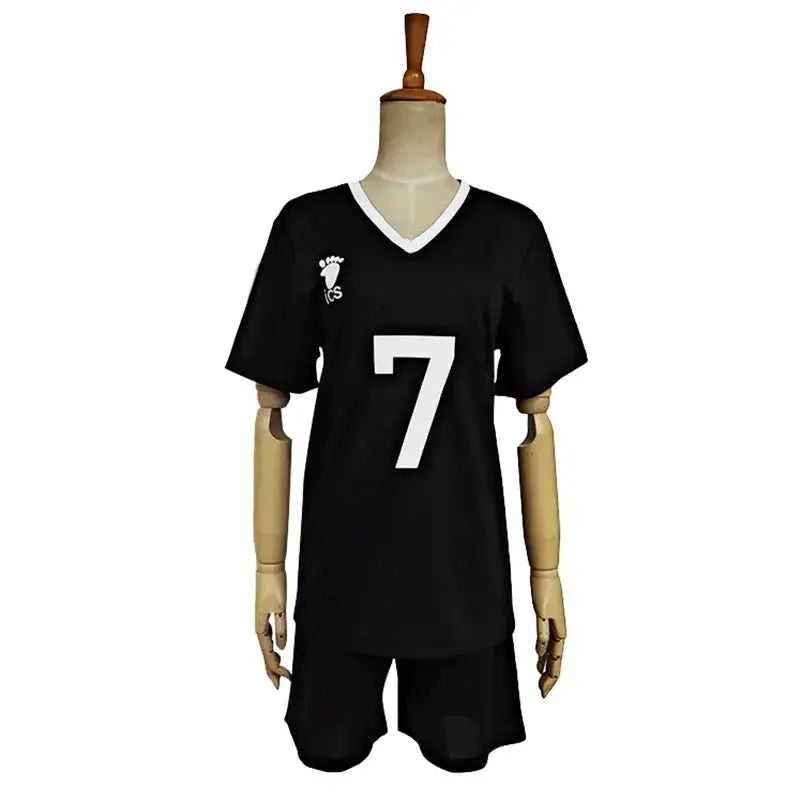 Black volleyball jersey with white v-neck trim and number 7 featuring nekoma high school logo for cosplay sportswear