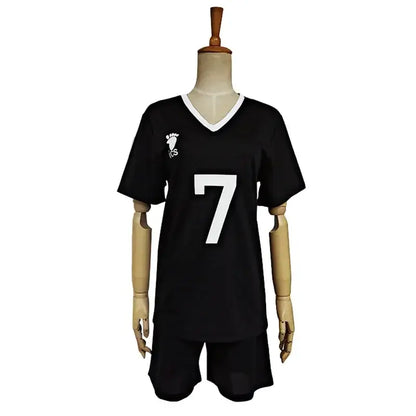 Black volleyball jersey with white v-neck trim and number 7 featuring nekoma high school logo for cosplay sportswear