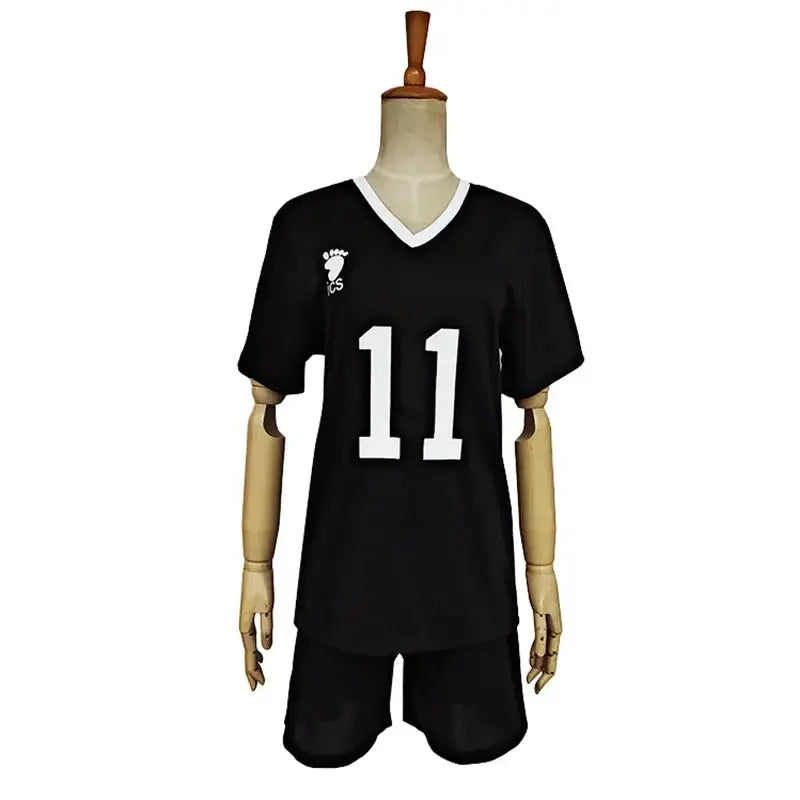 Black volleyball jersey with white v-neck trim number 11 and logo for nekoma high school cosplay uniform