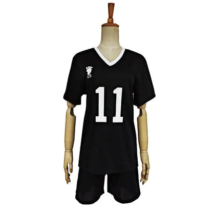 Black volleyball jersey with white v-neck trim number 11 and logo for nekoma high school cosplay uniform