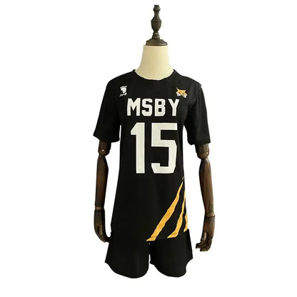 Black short-sleeved volleyball jersey with white msby 15 lettering and gold stripes for nekoma high school cosplay