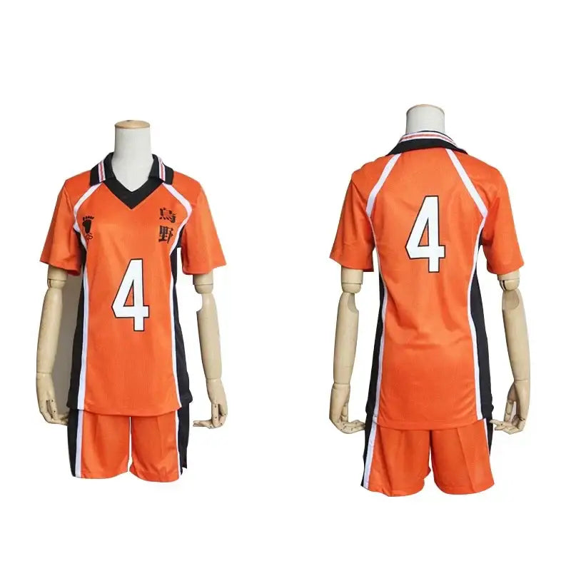 Orange volleyball jersey and shorts set with number 4 black and white accents nekoma high school cosplay uniform