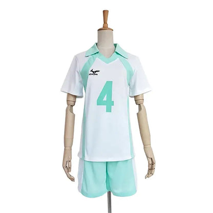 White and mint green nekoma high school volleyball jersey number 4 with collared design and mizuno logo on chest