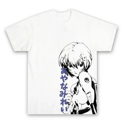 White cotton unisex tee featuring a black-and-white anime character with vertical purple japanese text retro streetwear