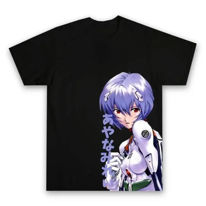Black unisex tee featuring full color print of asuka langley soryu in white plugsuit for retro streetwear fans