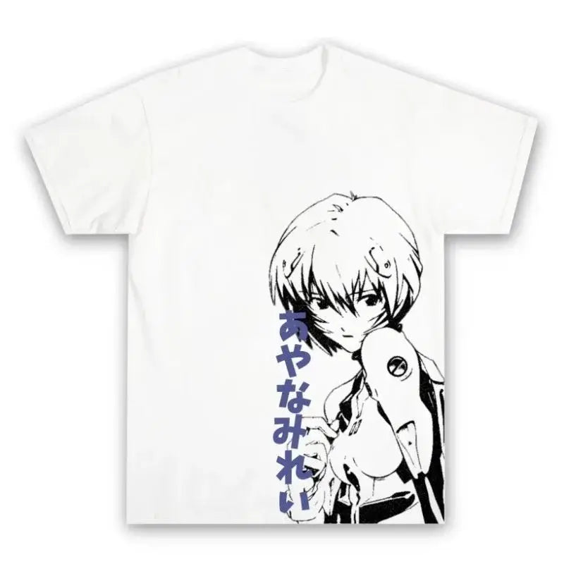 White retro cotton unisex tee featuring black-and-white anime character with short hair and purple japanese text