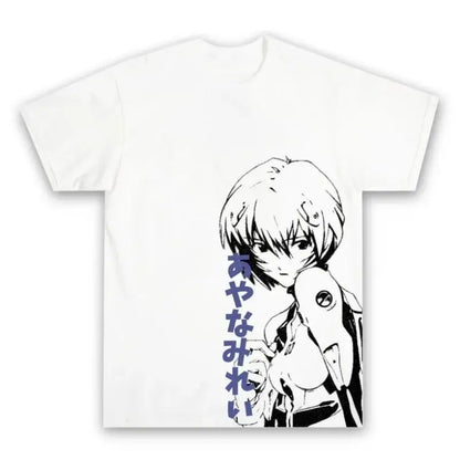 White retro cotton unisex tee featuring black-and-white anime character with short hair and purple japanese text