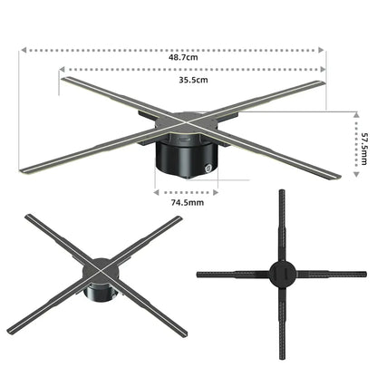 Black cross-shaped ceiling-mounted led display with four arms and central housing for anime holographic fan 50cm hd version