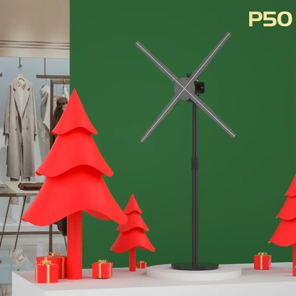 A sleek silver-framed p50 basic version anime holographic fan with cross-shaped arm design and 3d led wifi display