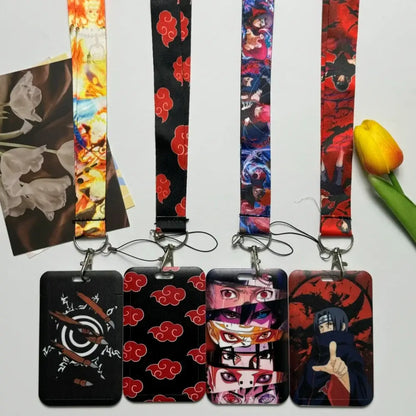 Four vibrant naruto-themed fabric badge holder straps with matching anime id card holders and card holder neck design
