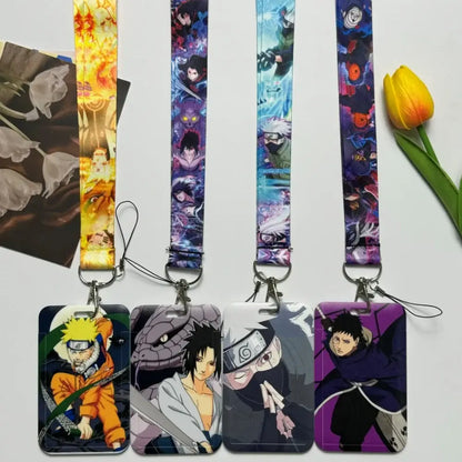 Four naruto-themed anime id card badge holders with matching rectangular card holder neck straps for work credentials