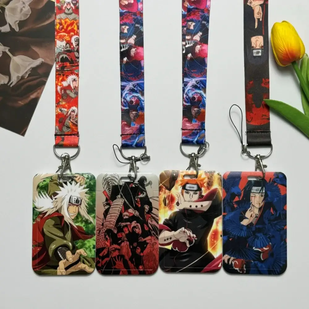 Four anime id card badge holder lanyards with character prints and matching card holder neck straps for work use