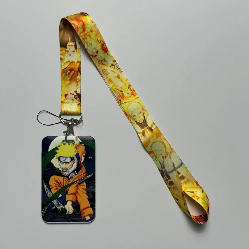 A vibrant yellow and orange anime id card holder neck strap with naruto uzumaki designs and a badge holder case