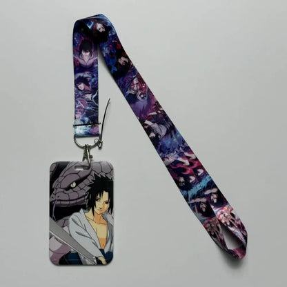 Anime id card badge holder with sasuke uchiha illustration and character printed card holder neck lanyard strap