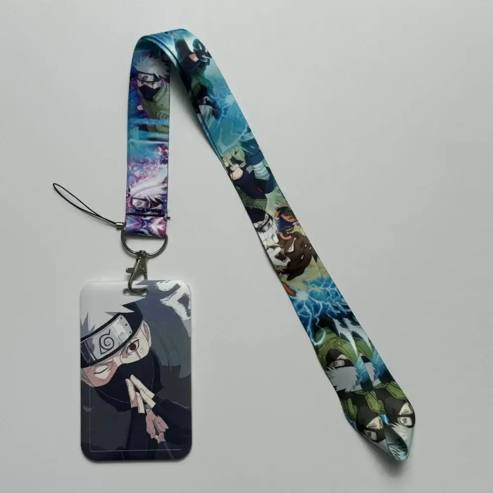 Anime id card holder neck strap featuring vibrant naruto artwork and a clear badge holder displaying kakashi hatake